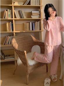 Piyama Anak Perempuan Remaja Nyaman, Modis, Motif Bunga Kecil, Elegan, 2 Potong Set Pakaian Santai - Baby Pink - View 8