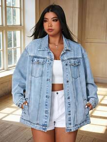 SHEIN EZwear Áo khoác denim dài tay cỡ lớn dáng rộng giản dị dành cho nữ, mùa xuân, mùa thu - Rửa nhẹ - Xem 7