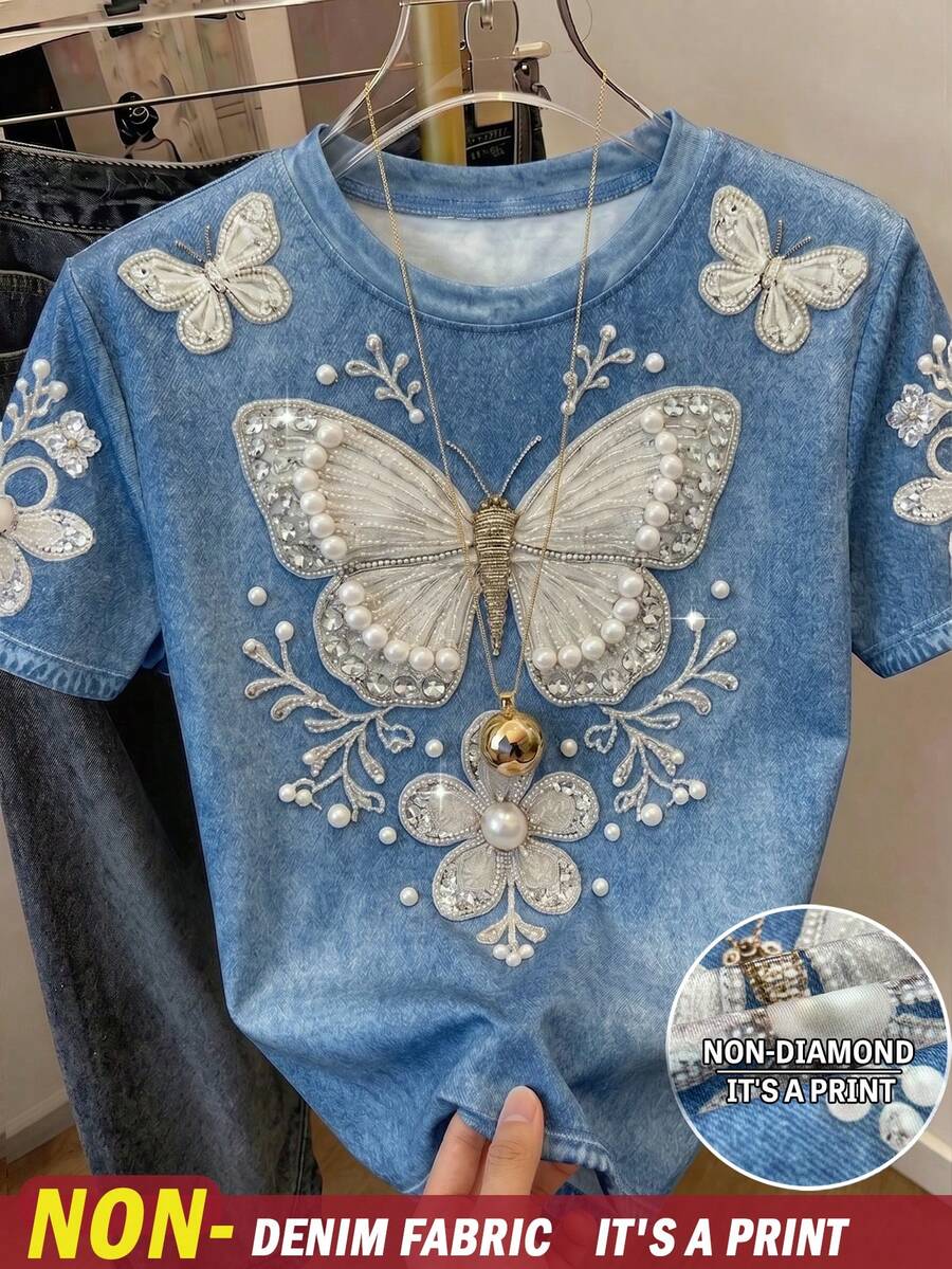 GlowEve 2026夏季白色圓領短袖T恤,仿3D蝴蝶與花卉刺繡,水鑽與珍珠珠飾裝飾,修身顯瘦設計,優雅溫柔風格,適合日常穿著、約會、度假、街頭風百搭上衣 - 藍色 - 查看 1