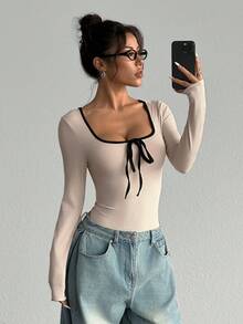 SHEIN Unity 女士圆领蝴蝶结拼色长袖紧身衣，百搭日常穿着 - 杏色 - 查看 3