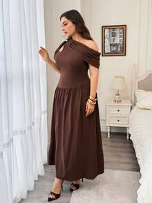 Modelyn Spring Summer Elegant Casual Formal Waist-Defining Asymmetric Shoulder Metal Button Knit Textured Pleated Plus Size Women's Dress Brown - Brown - View 5