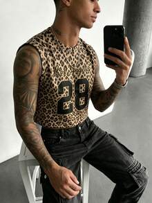 Manfinity Dauomo Men's Digital Leopard Print Crew Neck Casual Tank Top - Brown - View 4