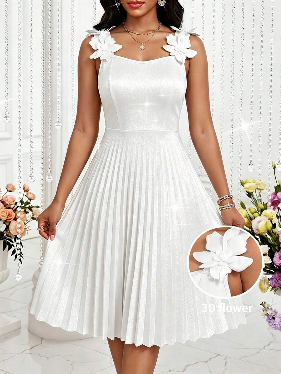 Fleurora Women's Solid Color Applique Pleated Elegant Sleeveless Mid-Length Dress Party Day Party Vacation Vacation White Summer Women's Pleated Dress - White - View 1