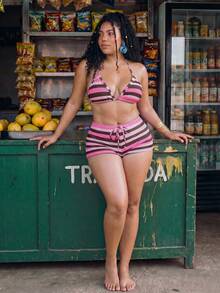 Swim Mod Plus Size Striped Swimsuit Set For Vacation And Beach - Hot Pink - View 3