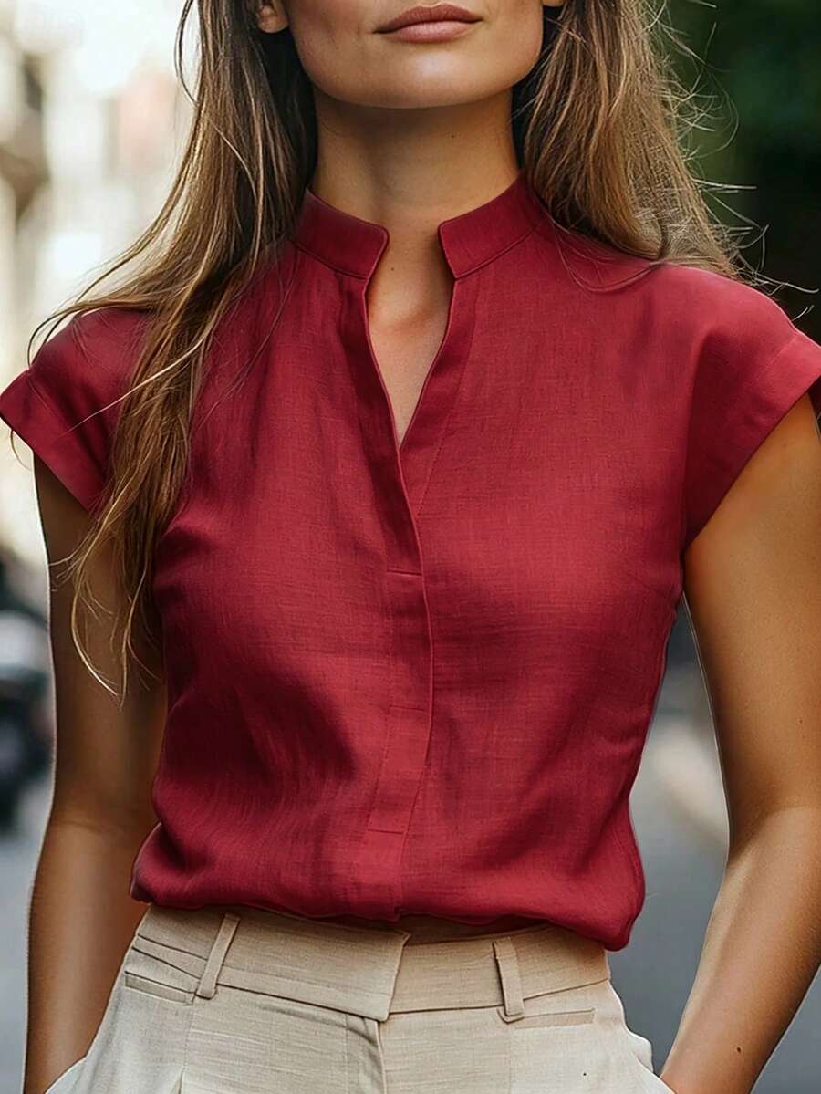 SHEIN LUNE 女款夏季休閒百搭純色襯衫 - 玫瑰紅 - 查看 1