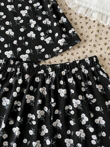 SHEIN 青少年女孩睡衣套裝，碎花印花圓領T恤與短褲居家服，休閒風 - 彩色 - 查看 3