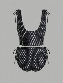 Sweetra Spring/Summer Beach Party Vacation 1920s Double Strap Ruched Black White Polka Dot Plus Size Women's Tank Top Bikini Set - Black and White - View 2