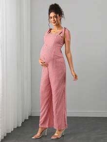 SHEIN Jumpsuit Hamil Kasual Motif Kotak-kotak untuk Sehari-hari dengan Detail Simpul di Bahu - Merah - View 8