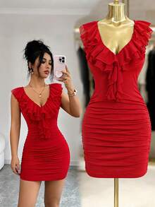 SHEIN Elenzya Damen rotes gestricktes Bodycon Minikleid, gerüschter V-Ausschnitt, ärmelloses Design, sexy elegantes Sommer-Fashion-Statement für Date Night, Party, Pendeln, Urlaubsoutfits - Rot - Übersicht 1