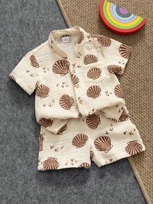 SHEIN Playful Pals 2件組 幼兒男嬰米色夏季度假短袖植物圖案上衣套裝 - 黃色 - 查看 6