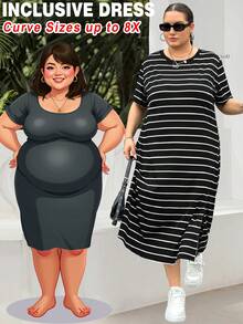 SHEIN CURVE+ 大码女装春夏时尚休闲宽松舒适基础款日常修身开衩黑色条纹短袖中长连衣裙，机场穿搭，复古富家风，教师装，女士教堂礼服，女士夏季穿搭，曲线连衣裙 - 黑與白 - 查看 9