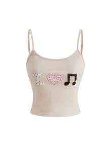 Sweetness Top de tirantes de color albaricoque con nota musical bordada, estilo retro y dulce para mujer - Albaricoque - Ver 1
