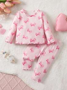 Conjunto de pijama para recién nacido con patrón de dibujos animados lindo, cuello redondo con volantes, manga corta, tejido de punto y ajuste cómodo - Rosa Pálido - Ver 9