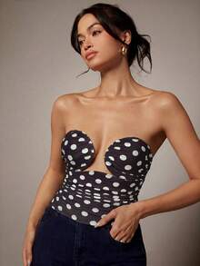 Silquee Women's Polka Dot Ruched Fitted Versatile Date & Outing Tube Top Polka Dot Mesh Top Women's Social Blouse  Social Tops For Going Out  Polka Dot Tops - Black - View 5