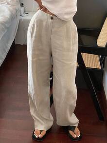 Livesso Tall 女款百褶寬鬆亞麻風休閒長褲，適合高個女性 - 白色 - 查看 5