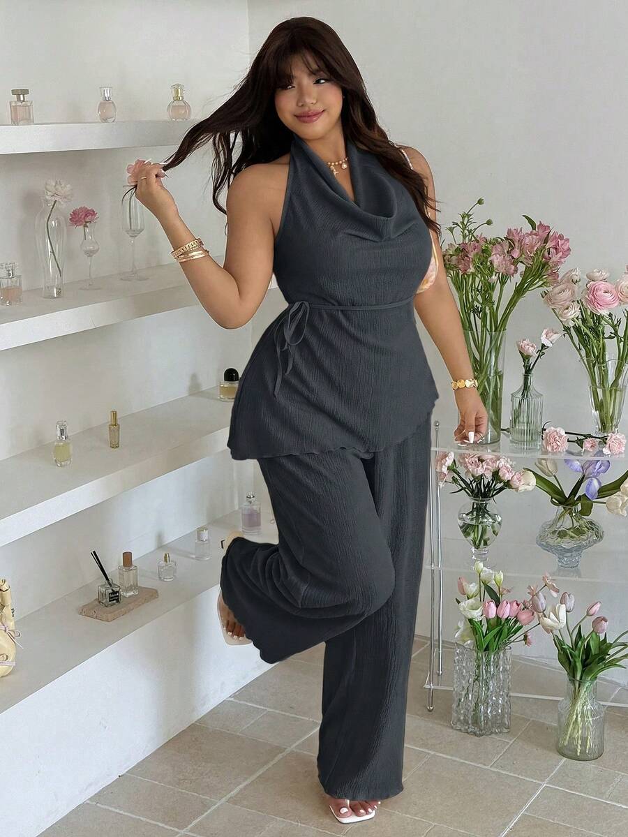 GalTyme 女款大尺碼深V領無袖上衣與長褲兩件套