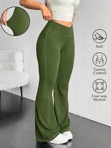 Flexra Plus Size Casual Washed Low Waist Flare Jeans - Army Green - View 1
