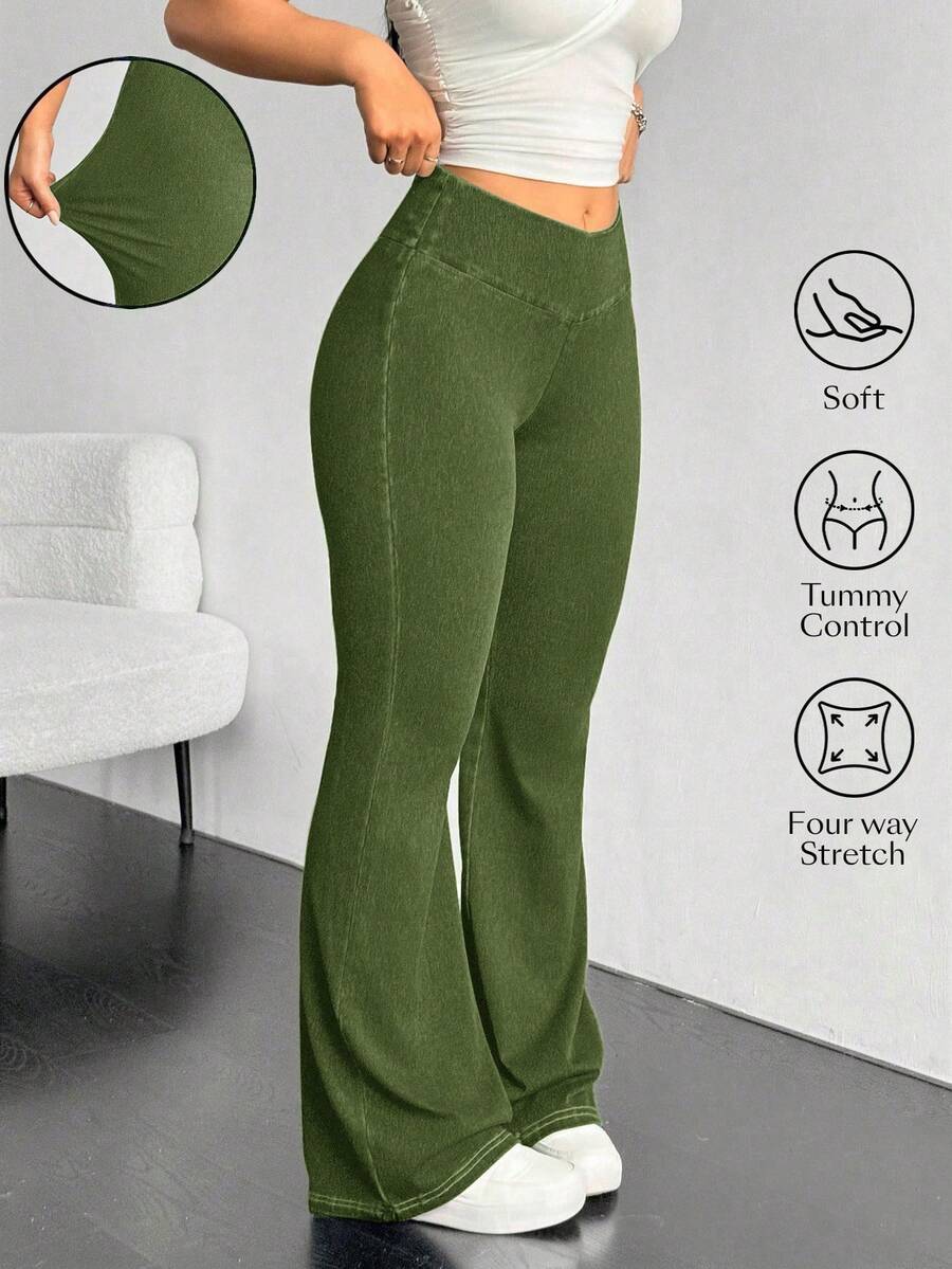 Flexra Plus Size Casual Washed Low Waist Flare Jeans - Army Green - View 1