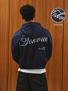 TOKVUE Sudadera con capucha con cremallera y bolsillos con letras bordadas para hombre - Azul Marino - Ver 1