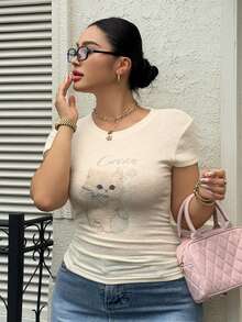 Dazy Plus Spring Summer Plus Size Women's Fitted Slim Fit Cute Cat Pattern Animal Print Cap Sleeve White T-Shirt Graphic Tees - Beige - View 4