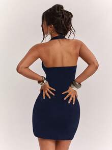 SHEIN BAE Women's Casual Sexy Versatile Street Fashion Metal Eyelet Decor All-Match Cami Mini Dress Club Night Navy Blue Summer Going Out Night Out - Navy Blue - View 2