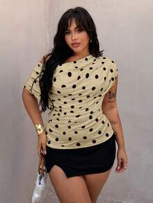 Rustia Plus Size Polka Dot Scoop Neck Sleeveless T-Shirt, Spring/Summer - Apricot - View 3