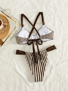 Bonvoyette Ladies Beach Striped Knitted Jacquard Metal Jewelry Beautiful Back Fashionable Sexy Bikini Set - Multicolor - View 2