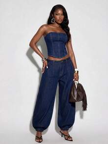 Normani Women's Sexy Strapless Fitted Back Drawstring Criss-Cross Asymmetrical Denim Top - Dark Wash - View 7
