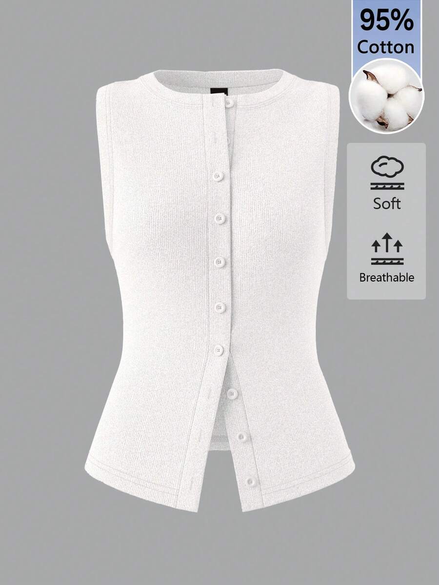 SHEIN BASICS 女款純色時尚單排扣休閒背心,適合日常穿著 - 白色 - 查看 1