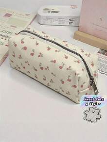 1PC Canvas Pencil Case Floral Pattern Sweet Cute Design Multi Compartment Large Capacity Stationery Organizer Pouch With Zipper Closure For School Office Supplies Home Use Organizer Gift - Single Piece - View 1