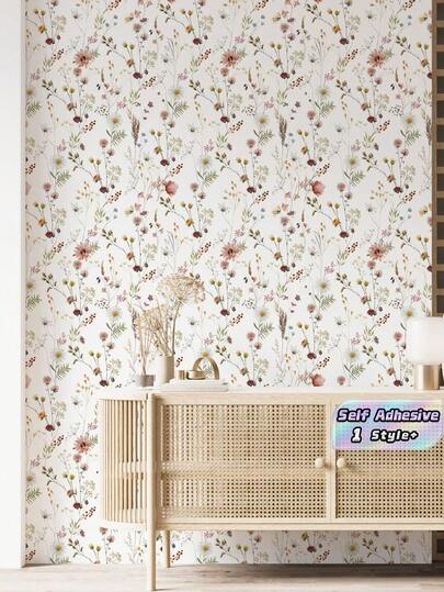 1 Rollo de Vinilo Autoadhesivo Despegable y Pegable Removible Impermeable Lavable Duradero Fácil de Aplicar Estilo Boho Floral Flores Mixtas Hojas Verdes Estética Vintage Primavera Papel Tapiz para Sala de Estar Dormitorio Cocina Gabinete Muebles Renovación Decoración del Hogar Mural de Pared