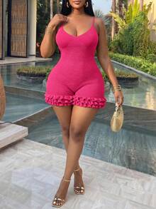 Veslaya Plus Size Women Solid Color Casual Sexy Tropical Date Beach Vacation Outing Spaghetti Strap Romper Hot Pink Summer - Hot Pink - View 5