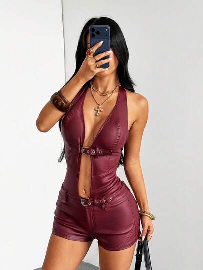 Jeanoix Y2K Women's Fashion Sexy Coated Backless Halter Neck Slim Fit Romper Night Out Club Burgundy Summer