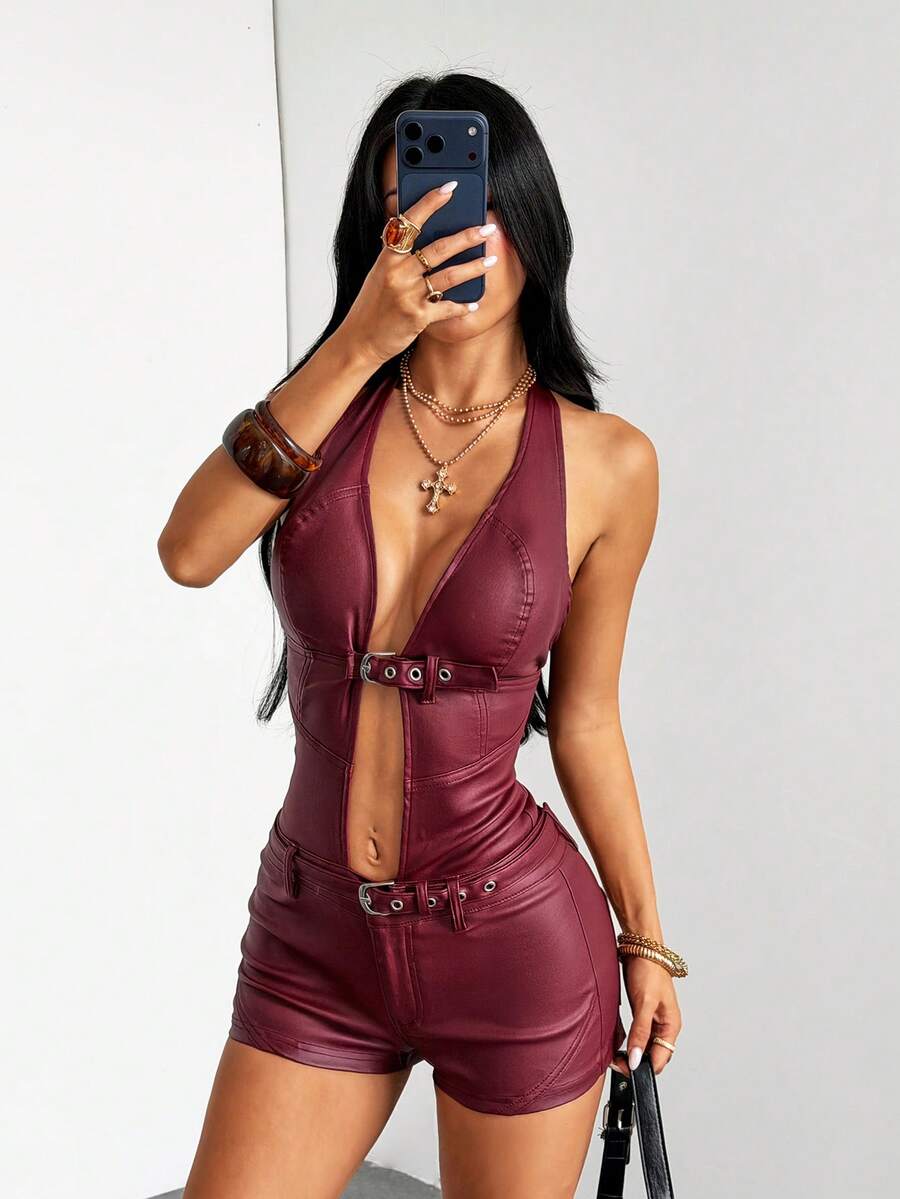 Jeanoix Y2K Women's Fashion Sexy Coated Backless Halter Neck Slim Fit Romper Night Out Club Burgundy Summer Halloween - Burgundy - View 1