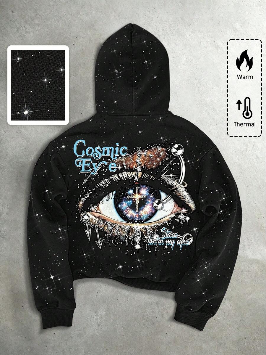 ROMWE MEN Men's Heavy Rhinestone Eye Print Streetwear Hoodie - Black - View 1