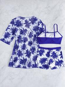Swim Lushoire 女款 3 件組熱帶椰子樹印花泳衣套裝，吊帶上衣、高腰短褲與網紗罩衫，適合海灘度假 - 藏蓝色 - 查看 4