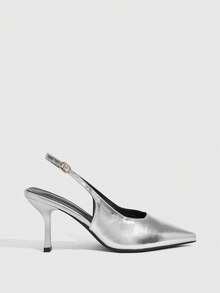 CUCCOO SZL Women's Spring New Silver Thin Heel Buckle Closed Toe Shoes Versatile Fairy Rhinestone Shoes Mid-Heel Pointed Slingback High-Heeled Shoes - Silver - View 2