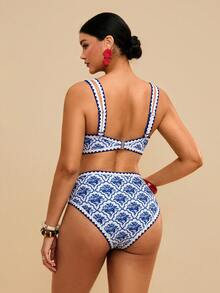 Travachic Conjunto de traje de baño con estampado floral fucsia para mujer talla grande - Azul y blanco - Ver 2