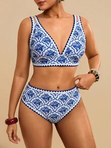 Travachic Conjunto de traje de baño con estampado floral fucsia para mujer talla grande - Azul y blanco - Ver 5