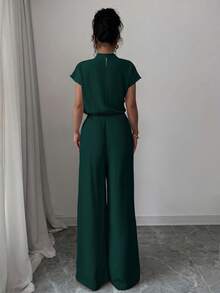 SHEIN Unity 優雅休閒杏色編織圓領無袖女式上衣，編織杏色寬腿褲，女式兩件套裝 - 墨綠色 - 查看 2