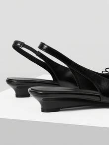 Mnmlis Women Shoes Temperament Simple Black Pleated Glossy Bow Design Pointed Back Strap Low Heel Flat Bottom Low Vamp Shoes Commuting Workplace - Black - View 6