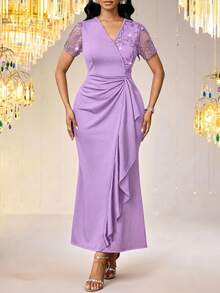 SHEIN Lady Vestido de mujer con bordado, parches de malla y volantes en el bajo, color lavanda - Púrpura malva - Ver 5