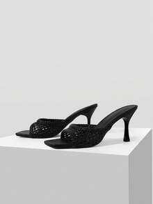Mnmlis Fashion Word With Open Toe Simple Texture Woven Texture Holiday Versatile Elegant High Heeled Sandals - Black - View 1