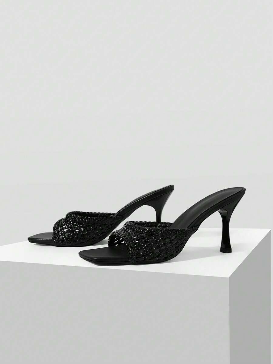 Mnmlis Fashion Word With Open Toe Simple Texture Woven Texture Holiday Versatile Elegant High Heeled Sandals - Black - View 1