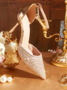 CUCCOO TILAWA Sandalias de tacón alto puntiagudo para mujer, elegantes y de lujo, con strass y diseño calado, para verano, compras, fiestas, oficina y uso diario - Oro rosa - Ver 1