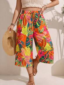 Comfylo Pantalones de pierna ancha con cintura de cordón y estampado de plantas tropicales florales talla grande 7/10 - Multicolor - Ver 1