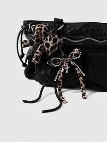 ROMWE Kawaii 1 Retro Dark Wind Black Handmade Braided Tether Brown Leopard Print Tiger Pattern Beaded Bow Rhinestone Cross DIY Keychain Bag Pendant, Worn By Girls - Brown-12 - View 2