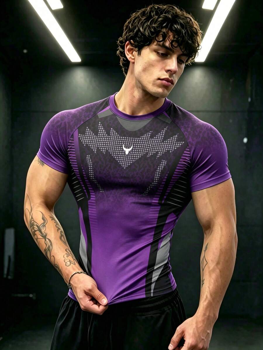 GymBeat Camiseta deportiva de manga corta con bloques de color y patchwork, corte slim para hombre - Multicolor - Ver 1