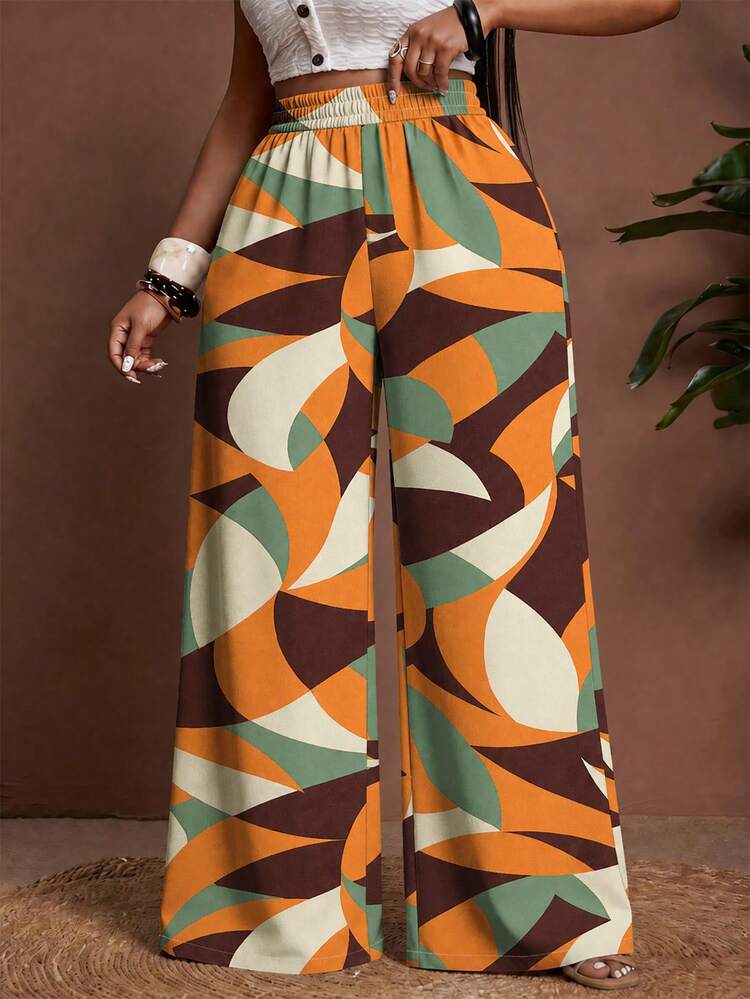 Slaydiva Women's Orange Summer Bohemian Style Wide Leg Plus Size Pants Fall - Multicolor - View 4