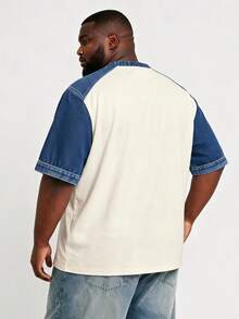 Manfinity Roghcode Men's Retro  Color Block Drop Shoulder Short Sleeve T-Shirt With H Letter Print,Summer,Casual,Streetwear,City Break,Light Blue Graphic Tee - Multicolor - View 2
